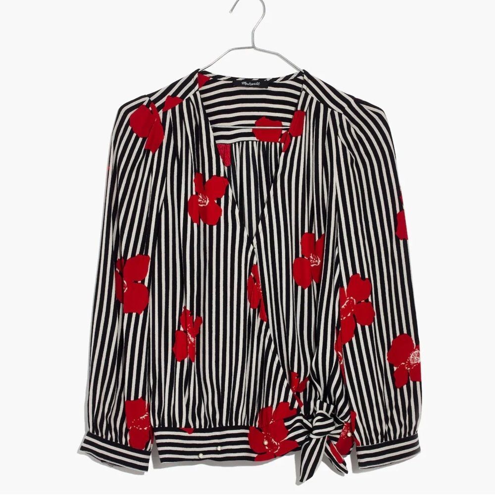 Madewell Women's Striped Wrap Top In Candied Orchards Size‎ S Long Sleeve V-Neck